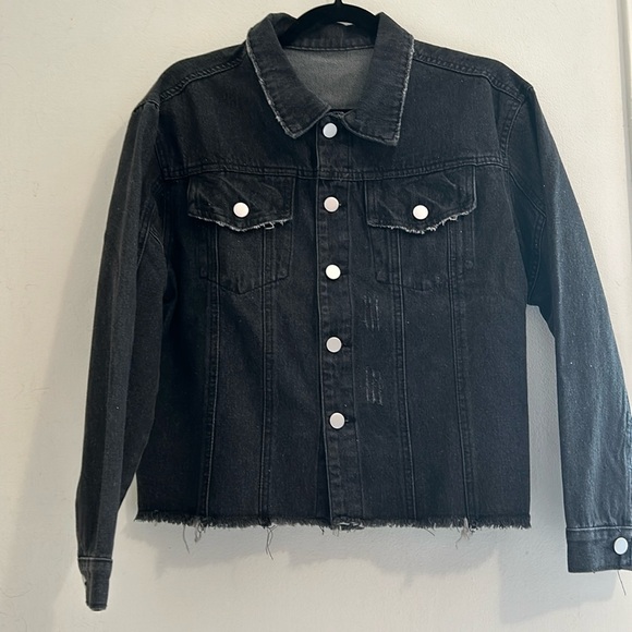 Black raw edged denim jacket with tiger detail on back - Picture 2 of 5